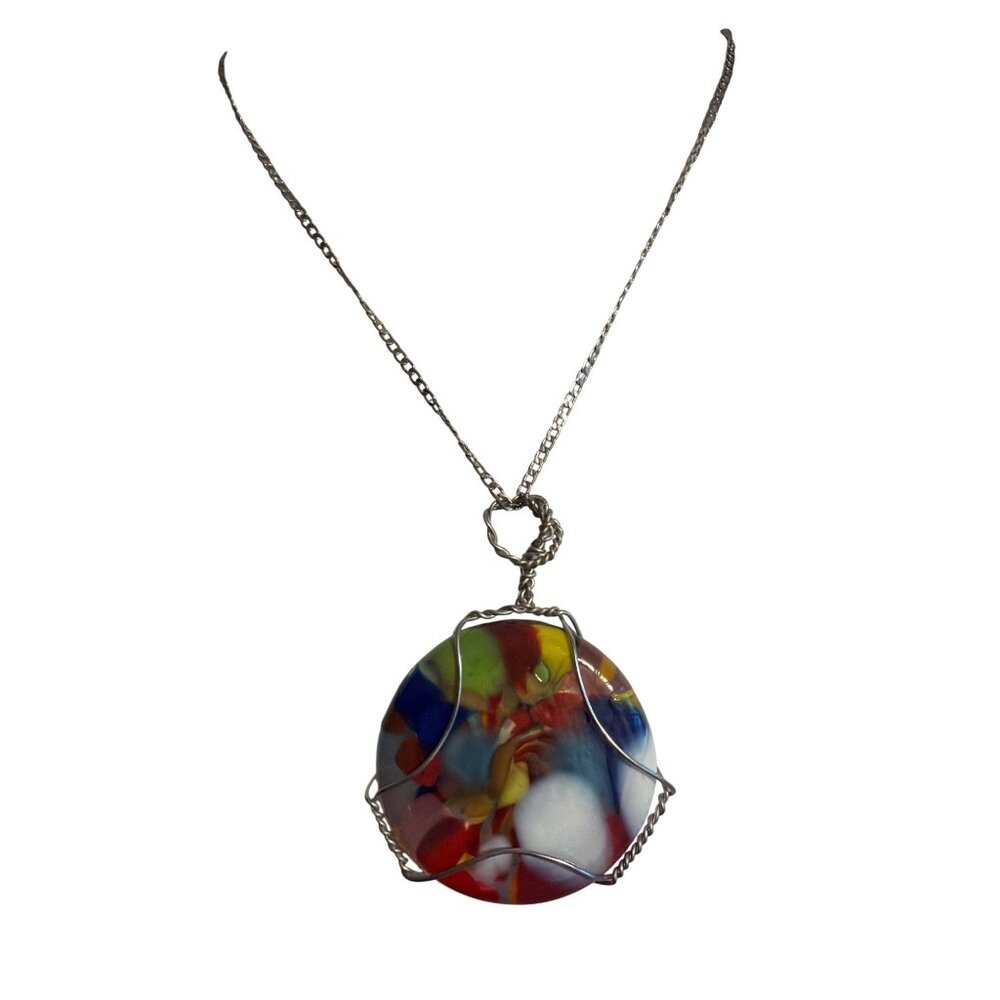 Wire Wrapped Colorful Fused Glass Pendant Necklace Silver Tone Chain 19" Estate